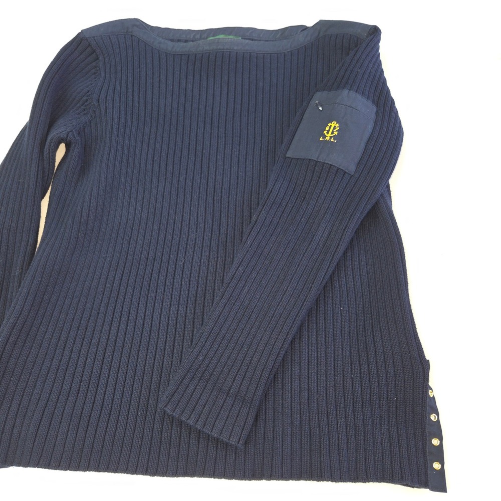 Lauren Ralph Lauren Ribbed Sweater Womens Large Navy Blue Boat Neck Anchor Crest